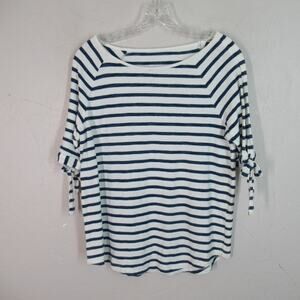 Jane Delancey Top S Blue White Stripe Boat Neck Peak Shoulder Short Tie Sleeve
